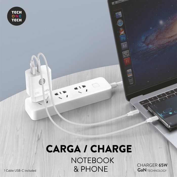 Tech One Tech Cargador de Pared GaN 65W TEC2273 con Cable USB-C Blanco Tech One Tech Cargador de Pared GaN 65W TEC2273 con Cable USB-C Blanco